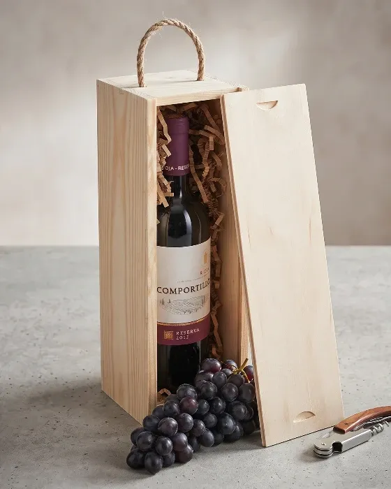 Caja de Madera Vertical para Botella con Asa de Cuerda – Presentación y Regalo