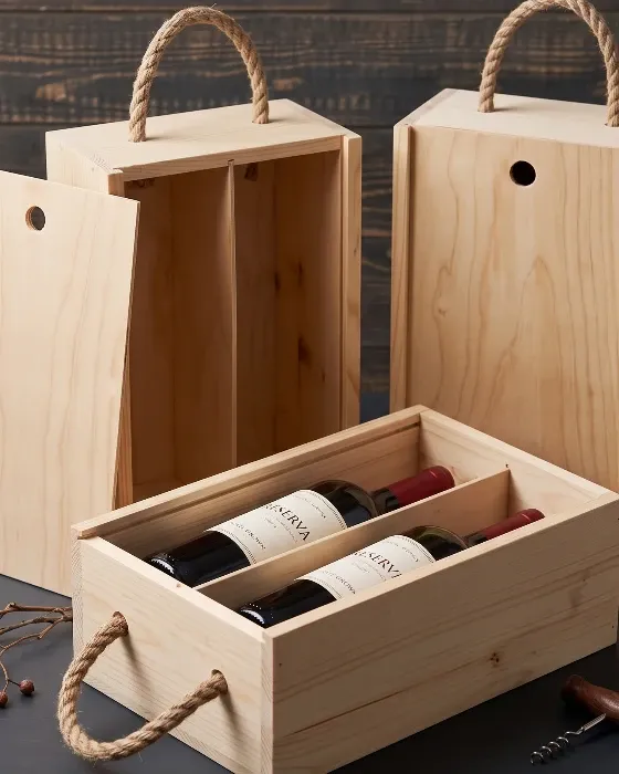 Caja de Madera para 2 Botellas con Asa de Cuerda