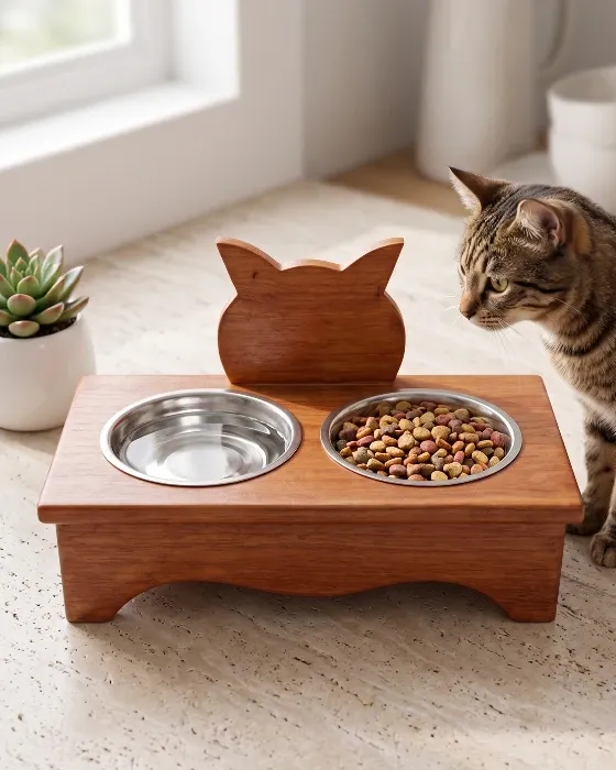 Comedero Ergonómico para Gatos - Base de Madera con Platos de Acero